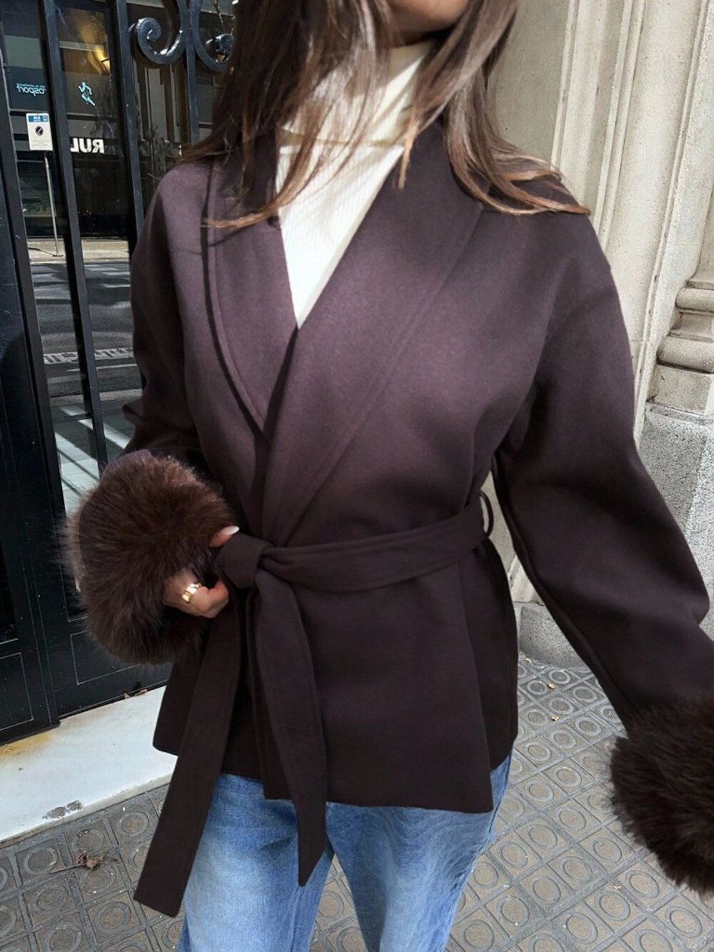 Coffee Brown Casual Women's Fuzzy Cuff Overcoat - Picture 5 of 8